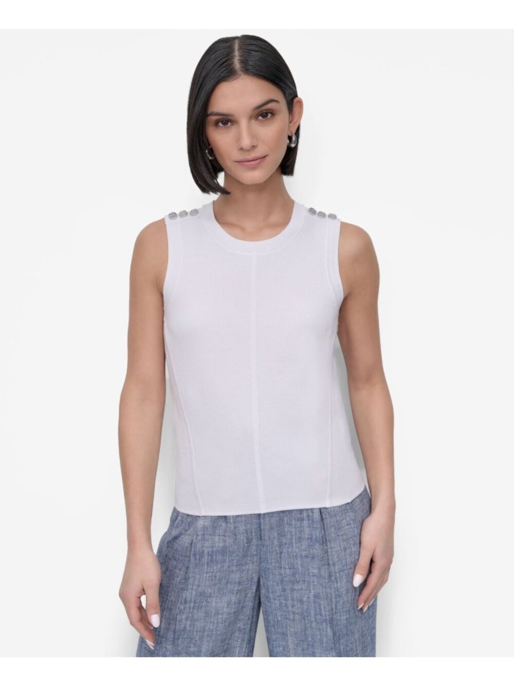DKNY Petite Size PS Crewneck Decorative buttons Sleeveless Top White $89 SALE